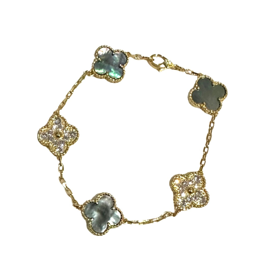 Gold & Grey Pearl Vintage Pave Clover Bracelet (925)