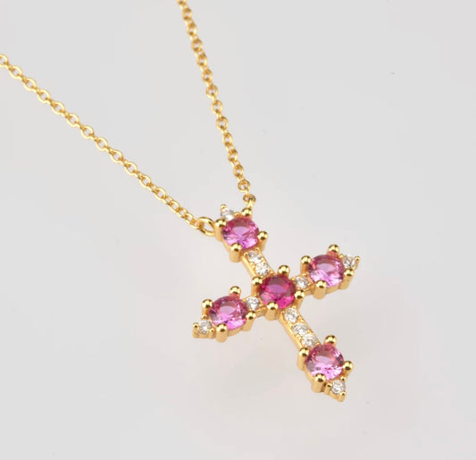 Gold Fuschia Cross Necklace