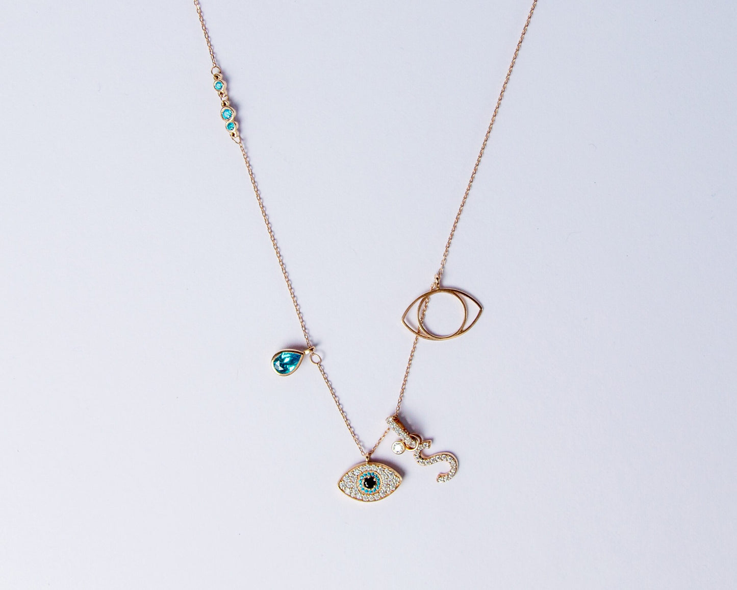 Rose Gold Evil Eye with Clip on initial dangle necklace