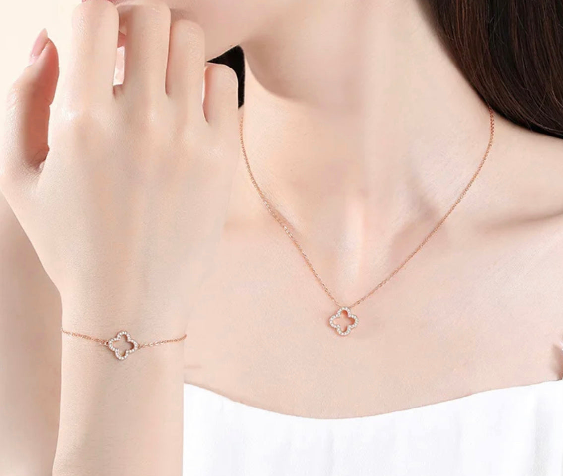 Rose Gold Clover Pave Floating Necklace