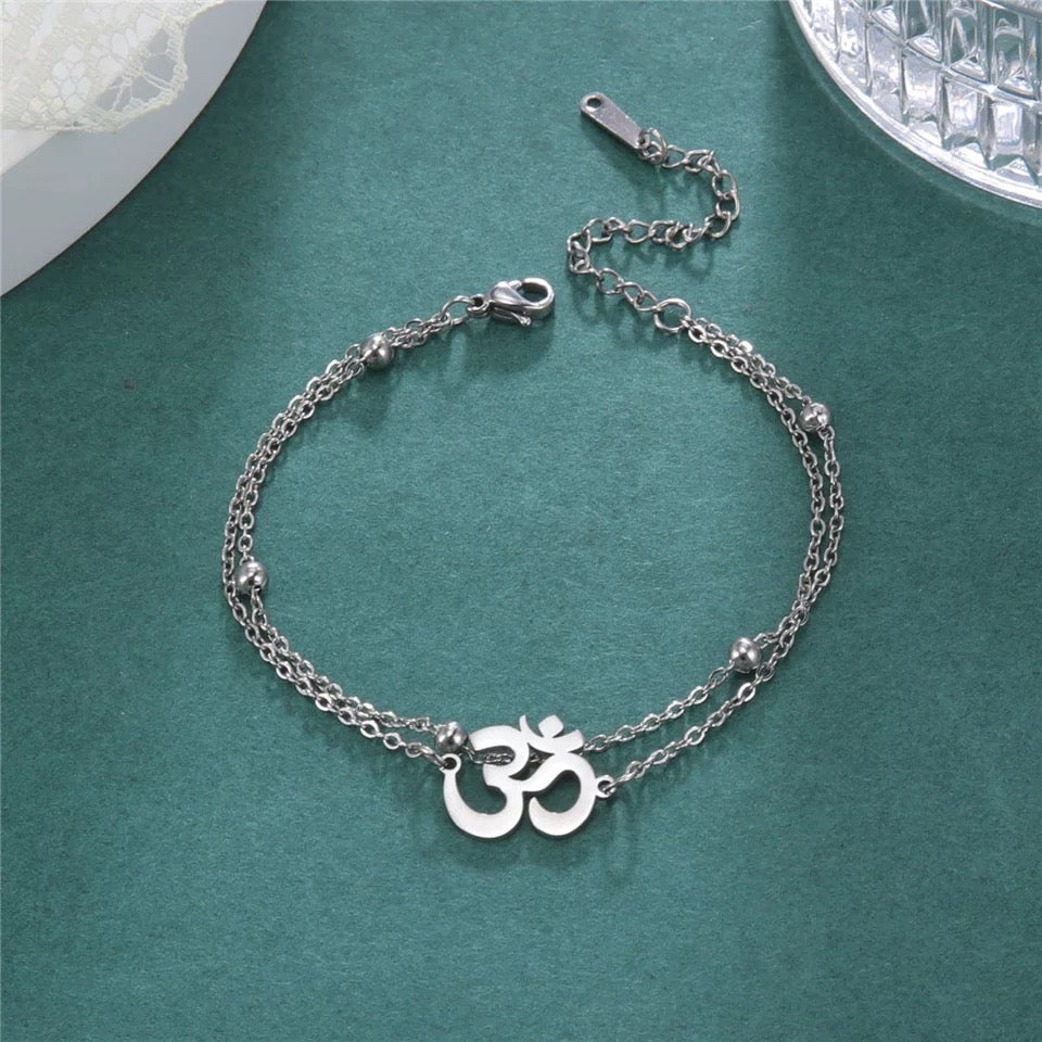 Silver Double Bead Aum Bracelet