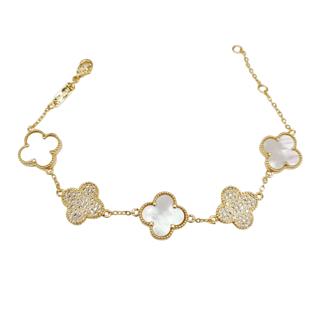 Gold & Pearl Vintage Clover Pave Bracelet