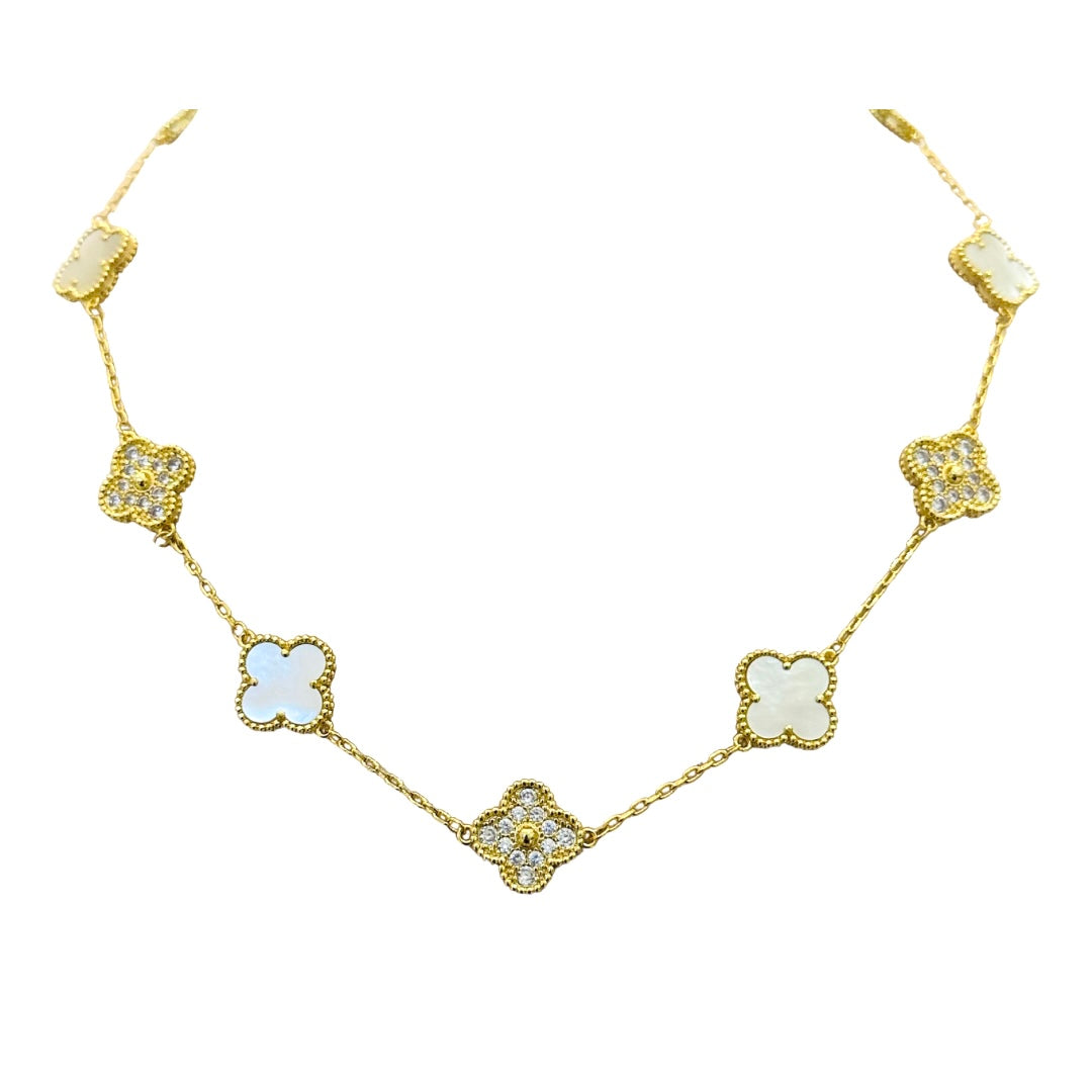 Gold & Pearl Clover Vintage Pave Necklace (925, 45cm)