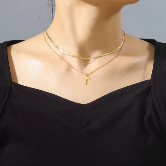 Double Layer Herringbone Cross Necklace