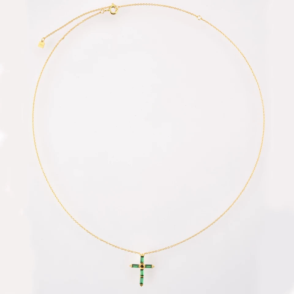 Emerald Baguette Cross Necklace