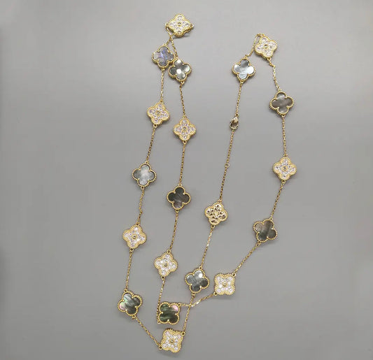 Gold & Grey Pearl Vintage Long Pave Clover Necklace(925)
