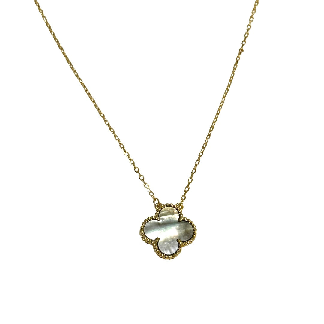 Gold & Grey Pearl Floating Clover Necklace (925)
