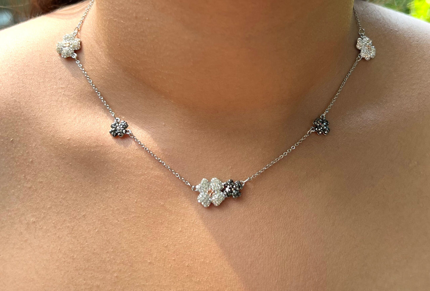Silver Black & White Jet’aime Floral Necklace