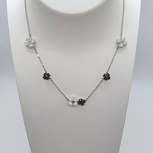 Silver Black & White Jet’aime Floral Necklace