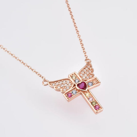 Rose Gold Angel Wings Cross Necklace