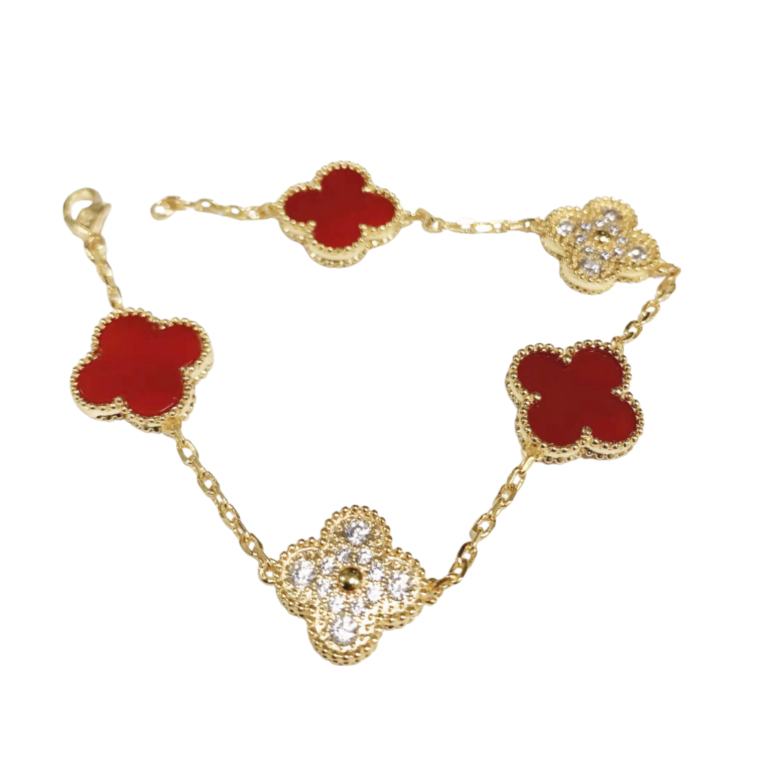 Red & Gold Vintage Pave Clover Bracelet (925)