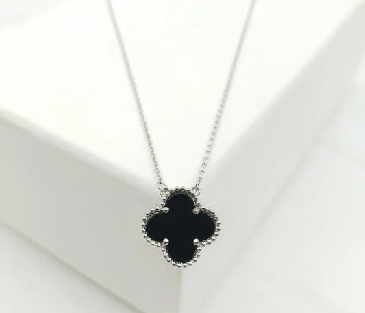 Black & Silver Clover Floating Pendant Necklace (925)