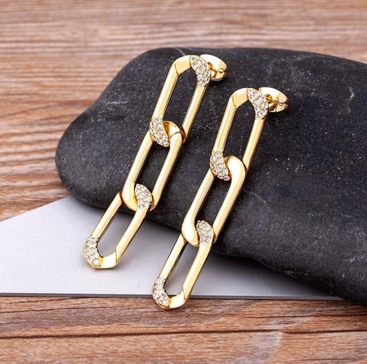 Gold Link Pave Drop Earring