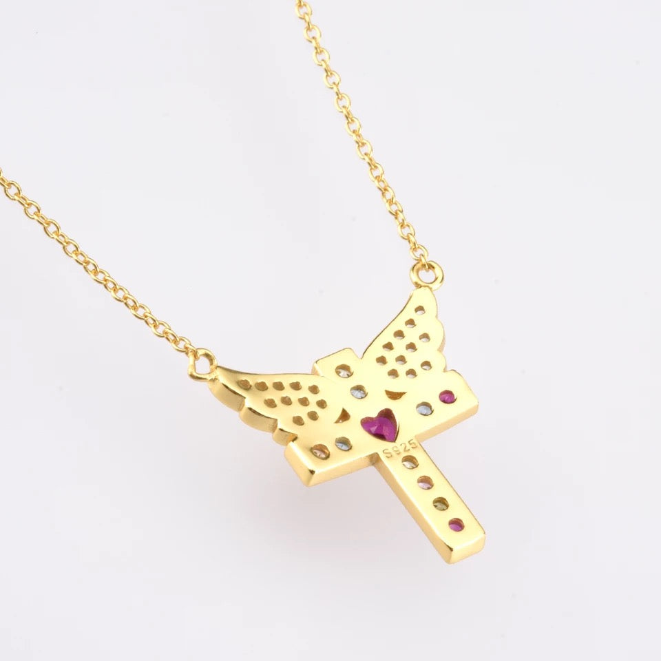 Gold Angel Wings Cross Necklace