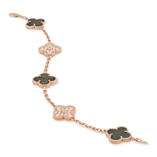 Rose Gold & Grey Pearl Vintage Pave Clover Bracelet (925)