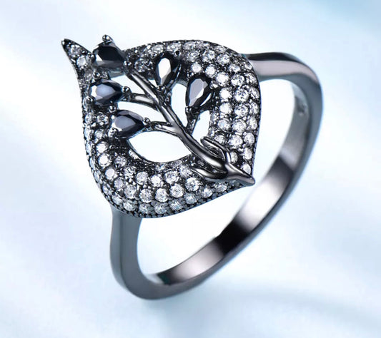 Obsidian Leaf Pave Ring
