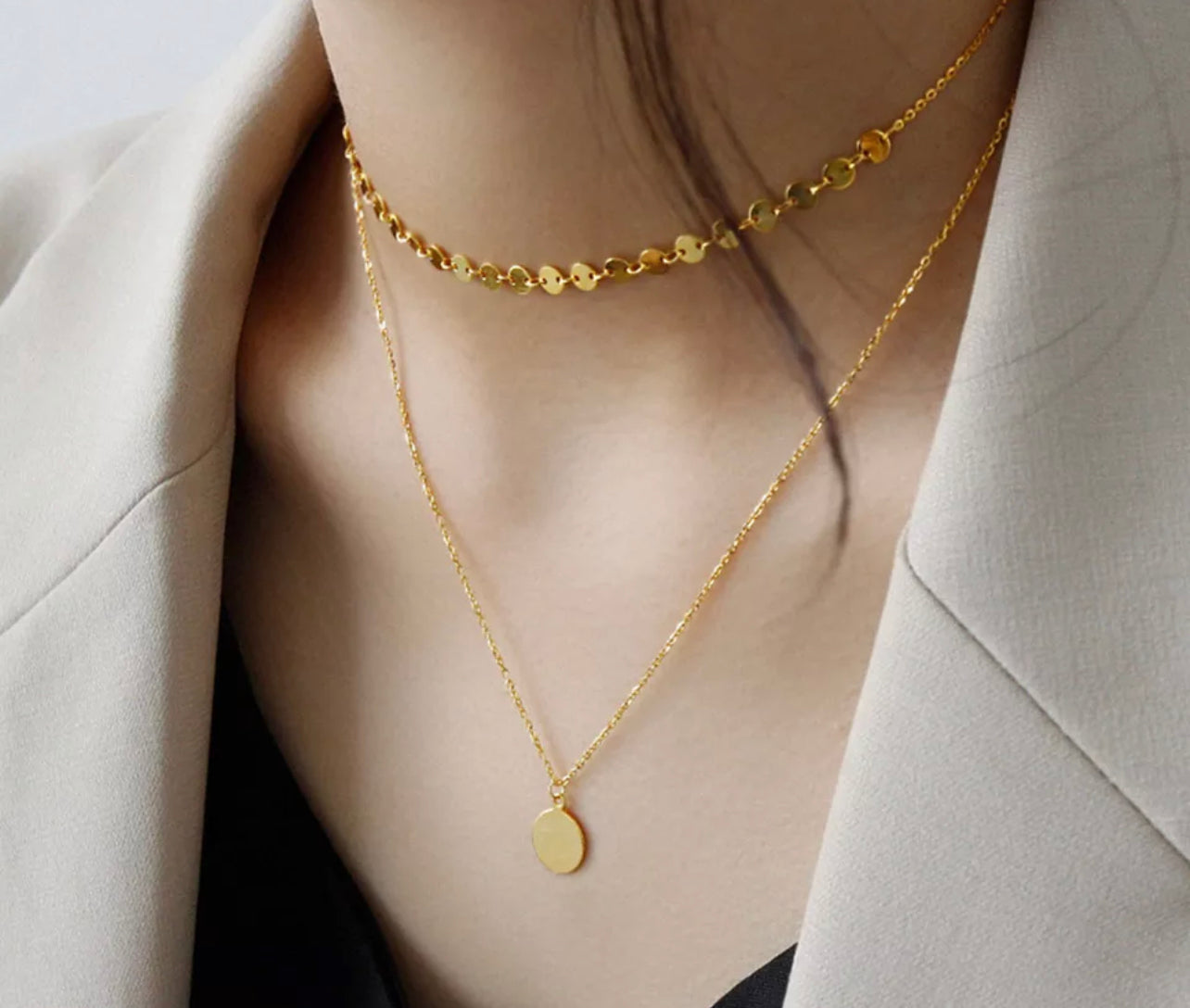 Gold Sequins Double Layer 18k Fill Disc Necklace