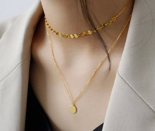Gold Sequins Double Layer 18k Fill Disc Necklace