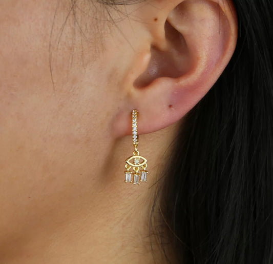 Gold Fill Baguette Chip Evil Eye Earring