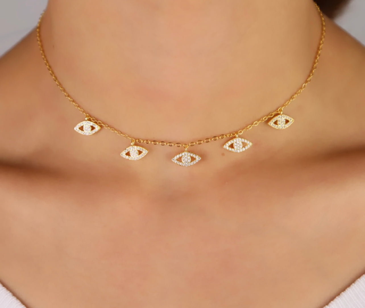 Gold Pave Evil Eye Charm Drop Necklace