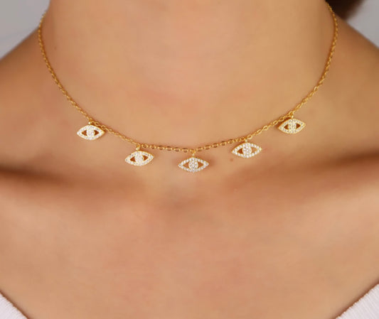 Gold Pave Evil Eye Charm Drop Necklace
