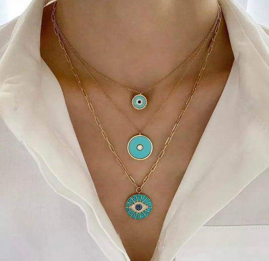 Turquoise Disc Evil Eye Necklace