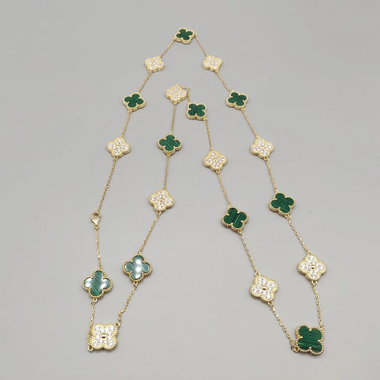 Gold & Green Vintage Long Pave Clover Necklace (925)