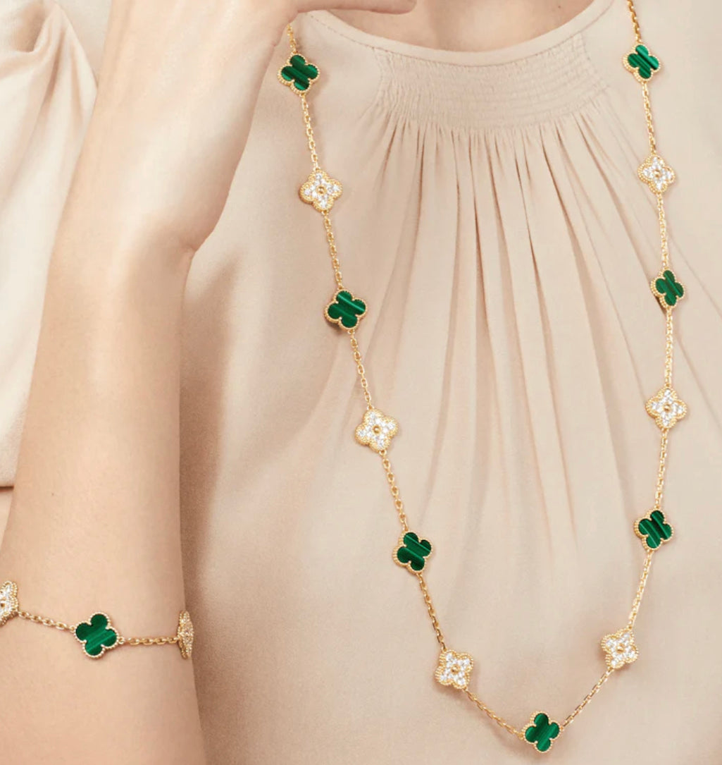 Gold & Green Vintage Long Pave Clover Necklace (925)