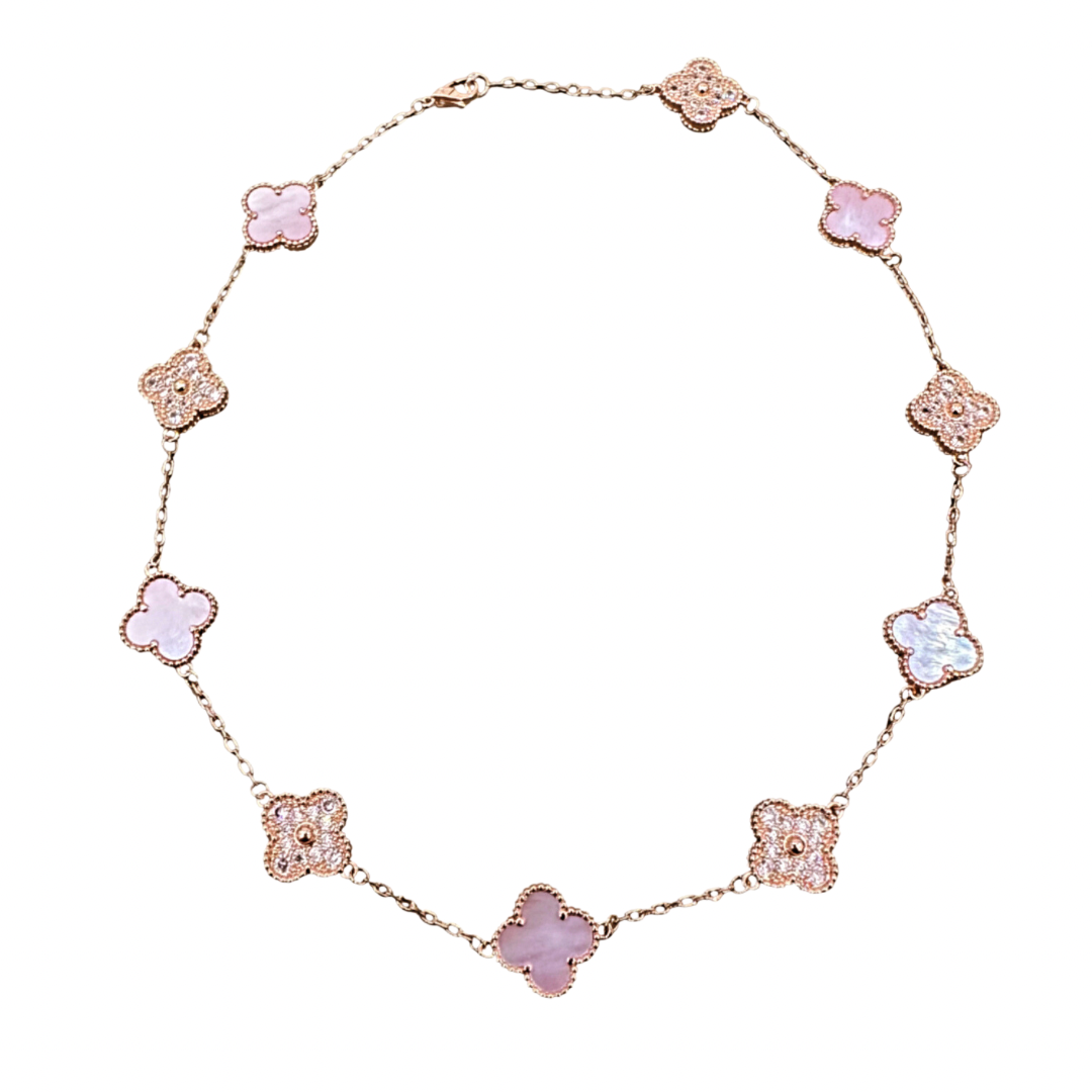 Pink Pearl & Rose Gold Clover Vintage Pave Necklace (45cm, 925)
