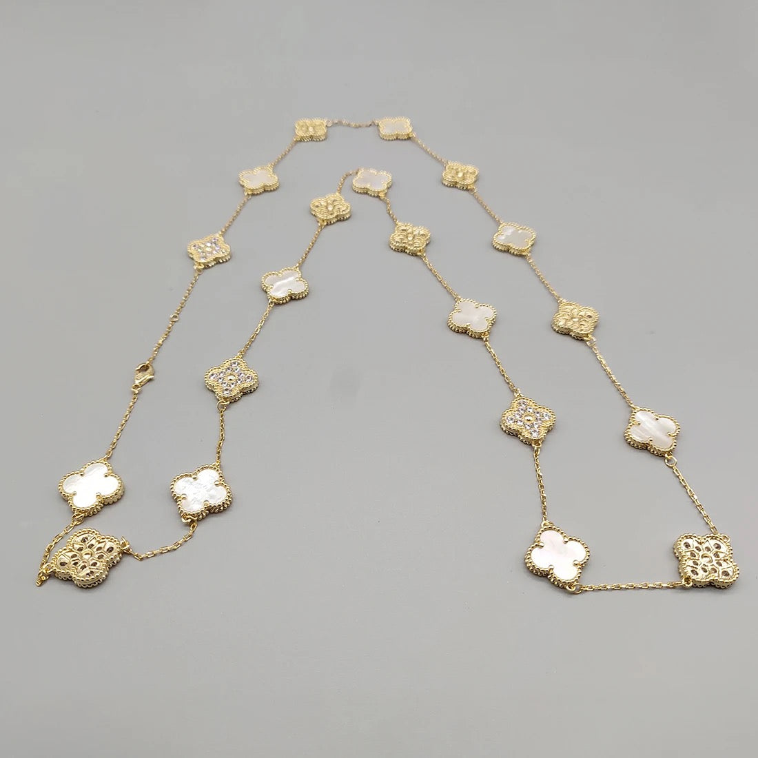 Gold & Pearl Vintage Long Pave Clover Necklace (925)
