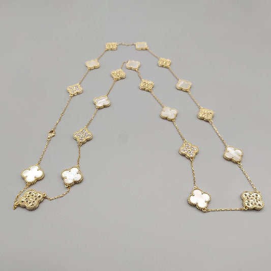 Gold & Pearl Vintage Long Pave Clover Necklace (925)
