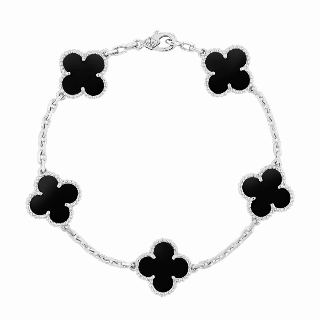 Black & Silver Agate Clover Bracelet (925)