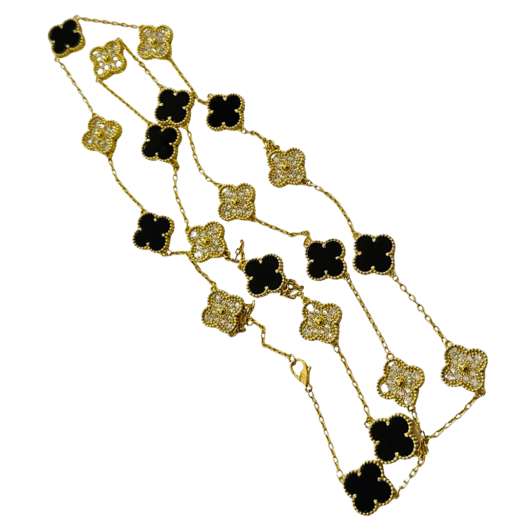 Black & Gold Vintage Long Pave Clover Necklace (925)