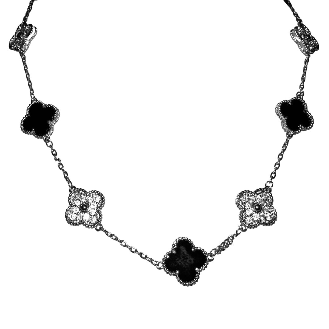 Black & Silver Vintage Clover Pave Necklace (925, 45cm)