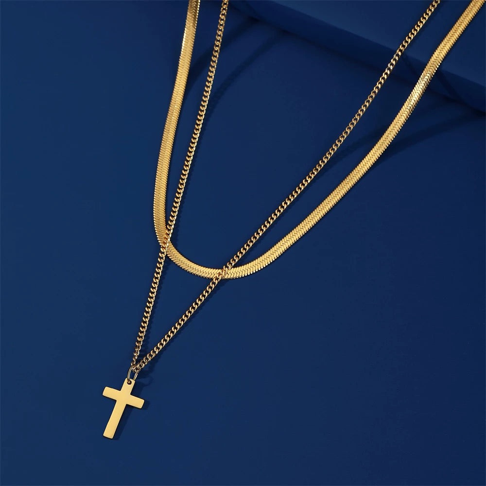 Double Layer Herringbone Cross Necklace