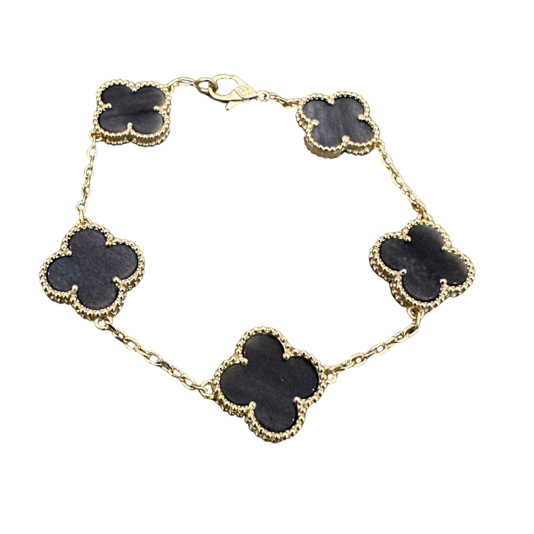 Obsidian Clover Bracelet Gold & Grey (925)