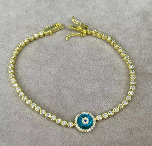 Gold Single Emblem Tennis Evil Eye Bracelet