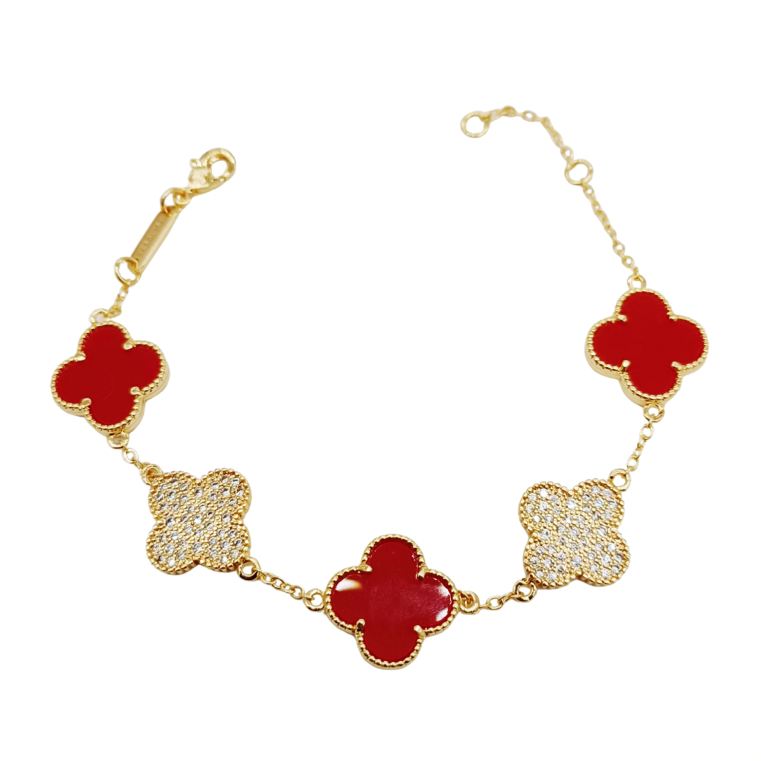 Red & Gold Vintage Pave Clover Bracelet