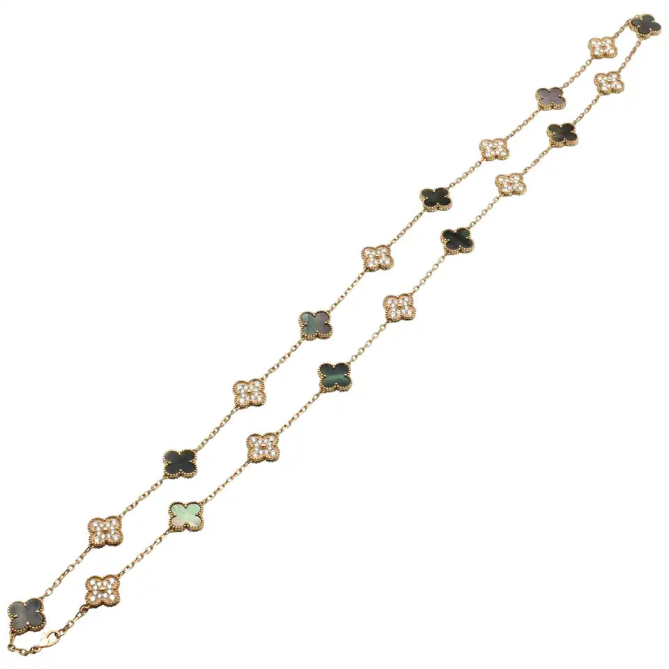 Gold & Grey Pearl Vintage Long Pave Clover Necklace(925)