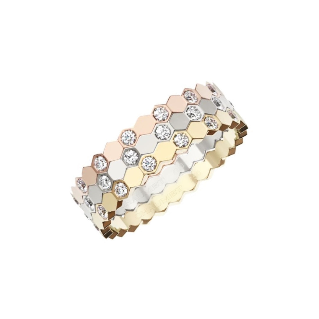 Tri Colour NSCD Half Stone Honeycomb Stack Ring Set (925, Vermeil)