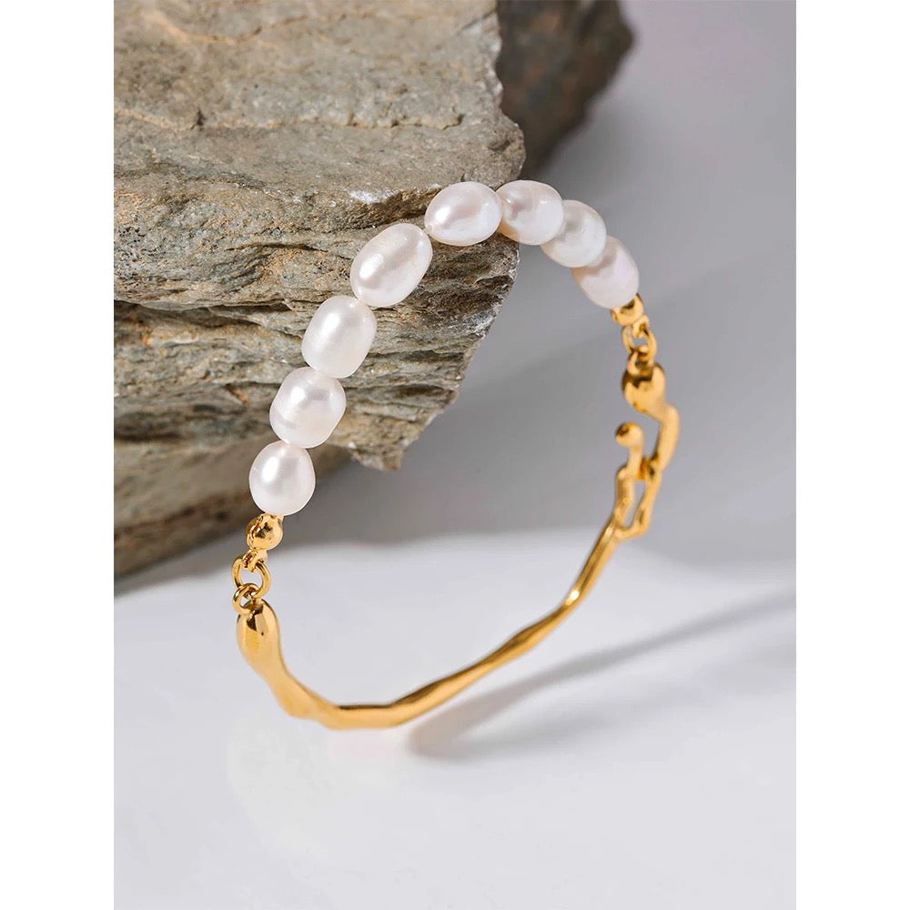 Narcisse Gold & Pearl Bracelet (S. Steel, Freshwater Pearl)