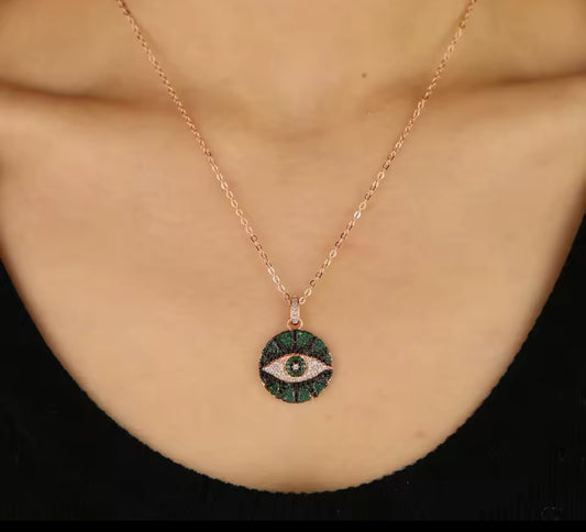 Green & Gold Jaded Evil Eye Necklace (Mix Metal)