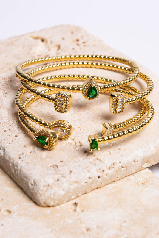 Gold & White Beaded Pear & Baguette Double Sided Bangle