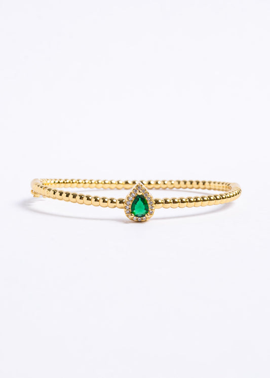 Gold & Green Beaded Emerald Pear Halo Bangle