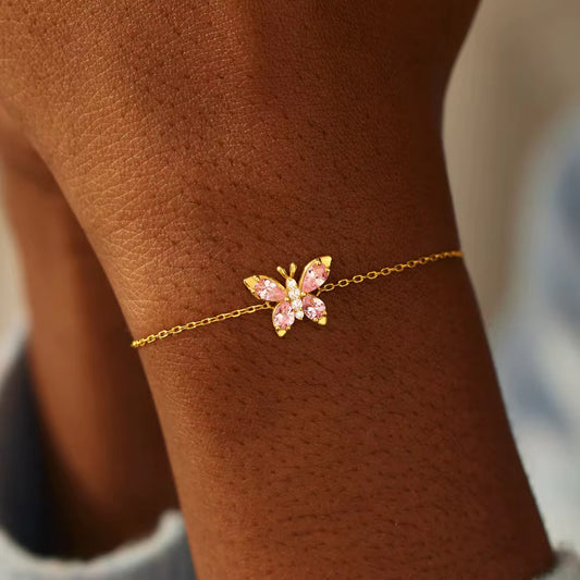 Pink Pear Gold Butterfly Sparkle Bracelet (925, 18k Electroplating)