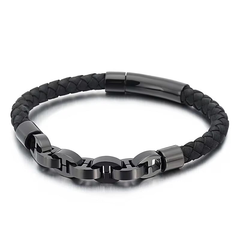 Polished Black Mens Leather Bracelet (21cm)