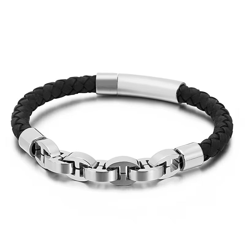 Silver Braided Men’s Leather Bracelet (21cm)