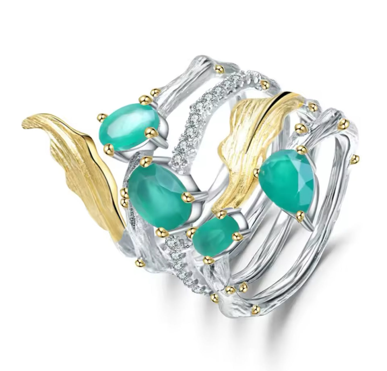 Vintage Fire NSCD Green Agate Ring (925, Vermeil)