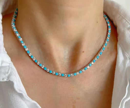 Silver & Turquoise Sparkle Tennis Necklace (Mix Metal)