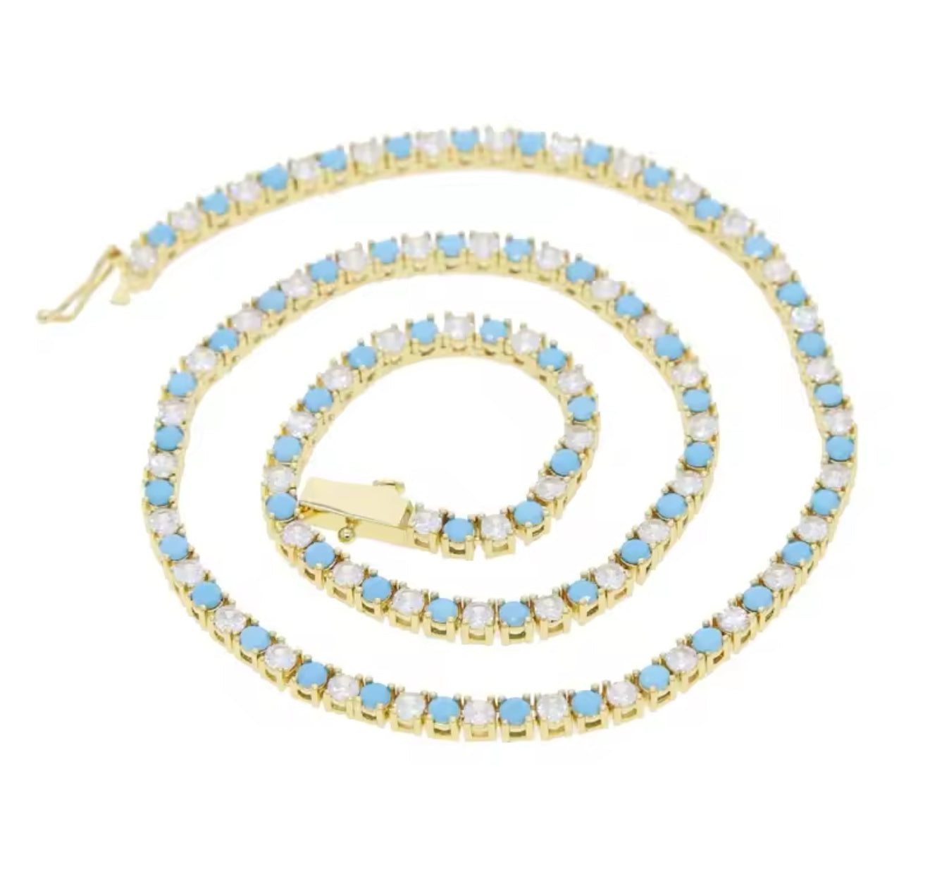 Gold & Turquoise Sparkle Tennis Necklace (41cm)